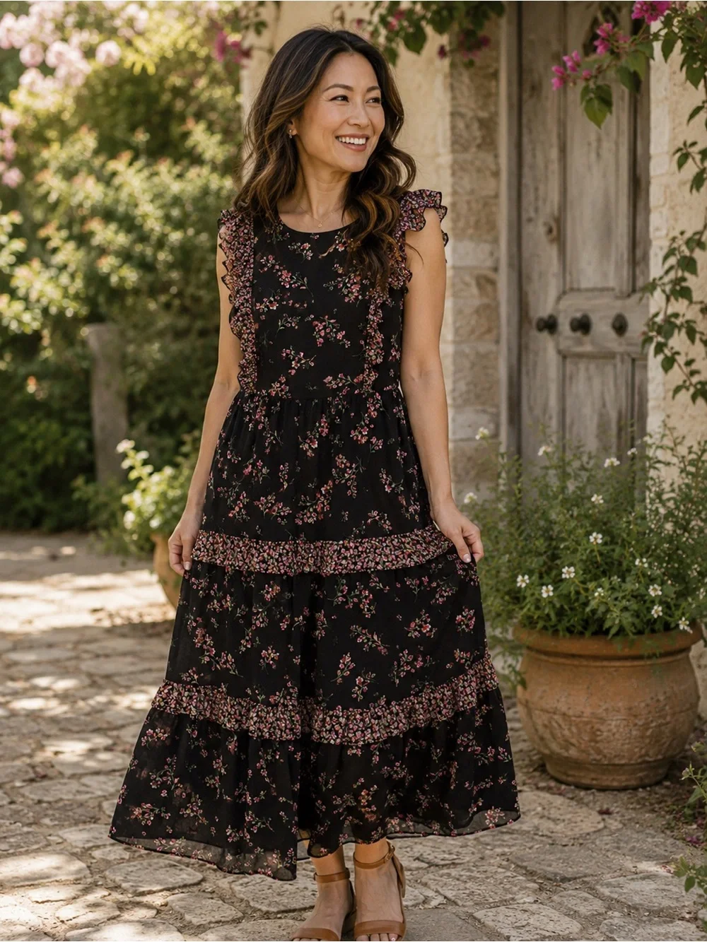 J. Crew Black Floral Ruffle Tiered Maxi tiered Dress Sz 4